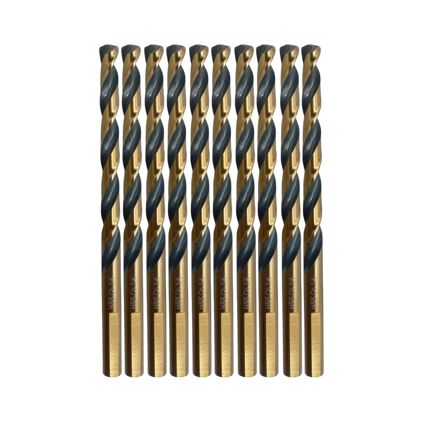 1/4" 10-Piece Cobalt Steel Drill Bit Set - Black & Gold Finish, 135° Split Point, Industrial Grade with Max Force, Triple Flat Shank Design for Non-Slip Hard Metal Drilling